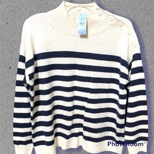 Loft navy blue and white striped button shoulder sweater